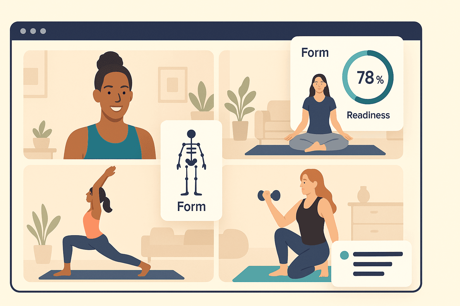 FitwithPari Studio — live class running with AI agent overlays for form, readiness, and coach prompts